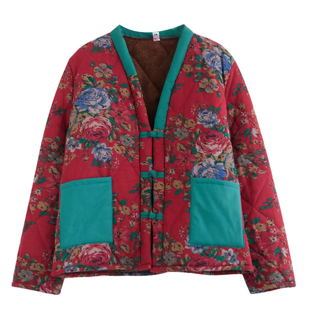 

Women's Thickened Cotton-Padded Jacket Cardigan Winter Chinese Style Ethnic Old Flower Pattern Fleece-Lined Wind Buckle Top