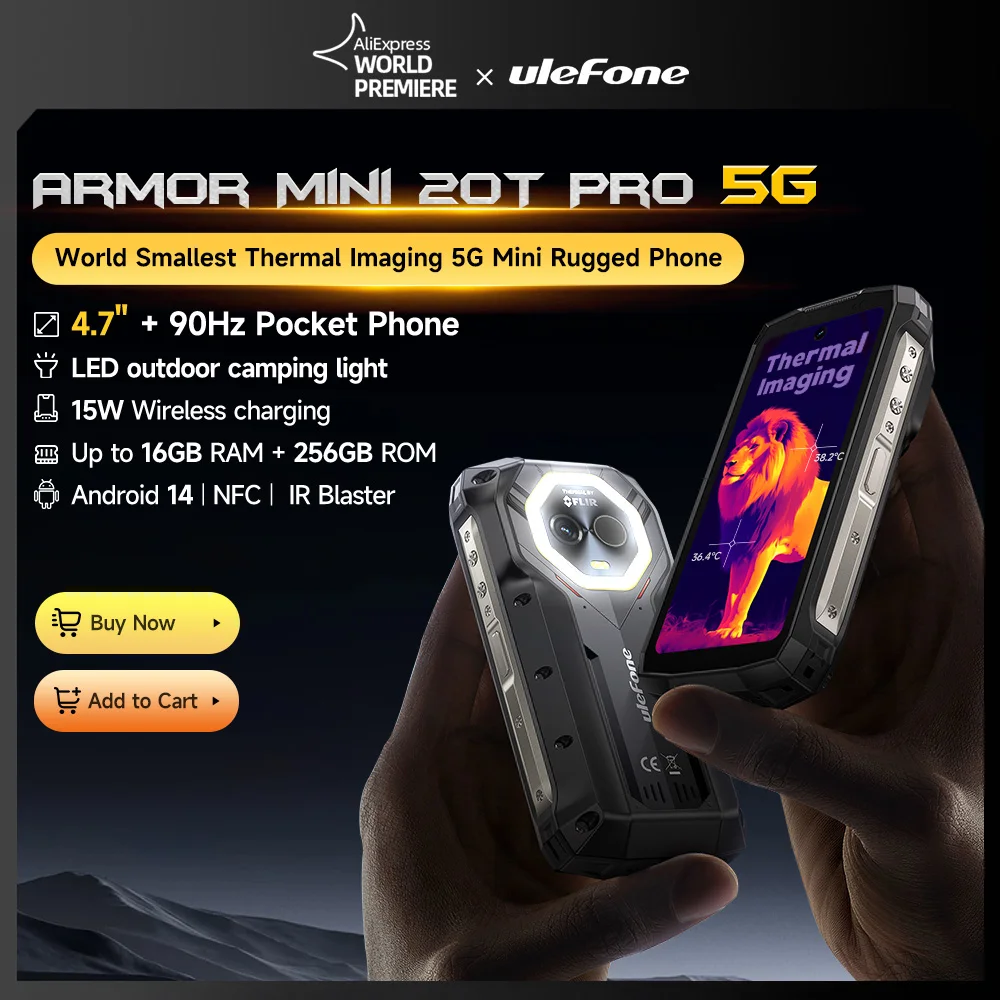 【Światowa premiera】 Ulefone Armor mini 20T Pro 5G 4,7" Wyświetlacz Wytrzymały telefon Uniwersalne światło LED Android 14 Smartfon 6200mAh 16 GB RAM (8 + 8) 256 GB ROM 33 W