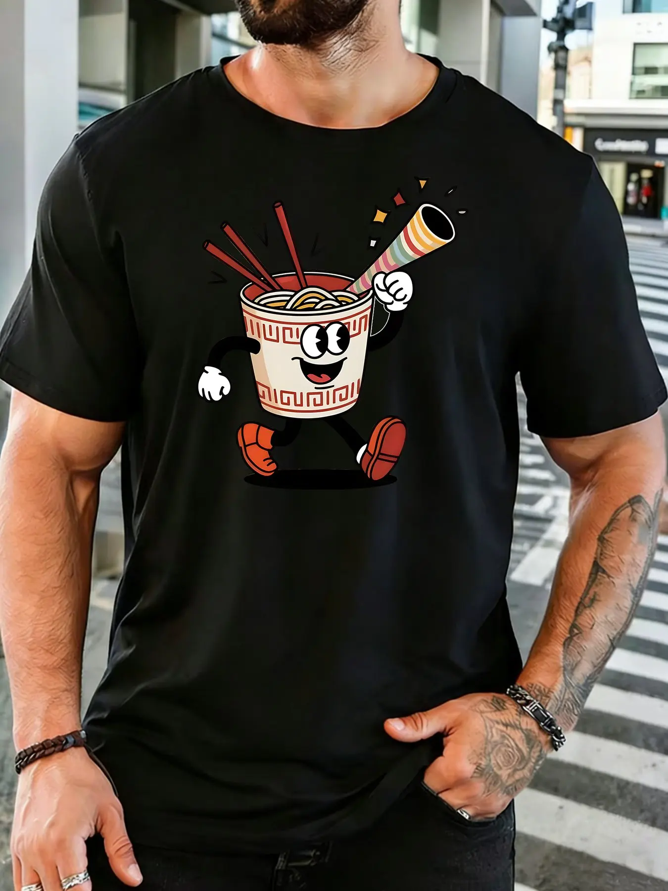Men Soft Cotton Crew Neck Tee Retro Cartoon Walking Ramen Cup With Party Horn Print Loose Food Street Daily Holiday Outdoor Tops