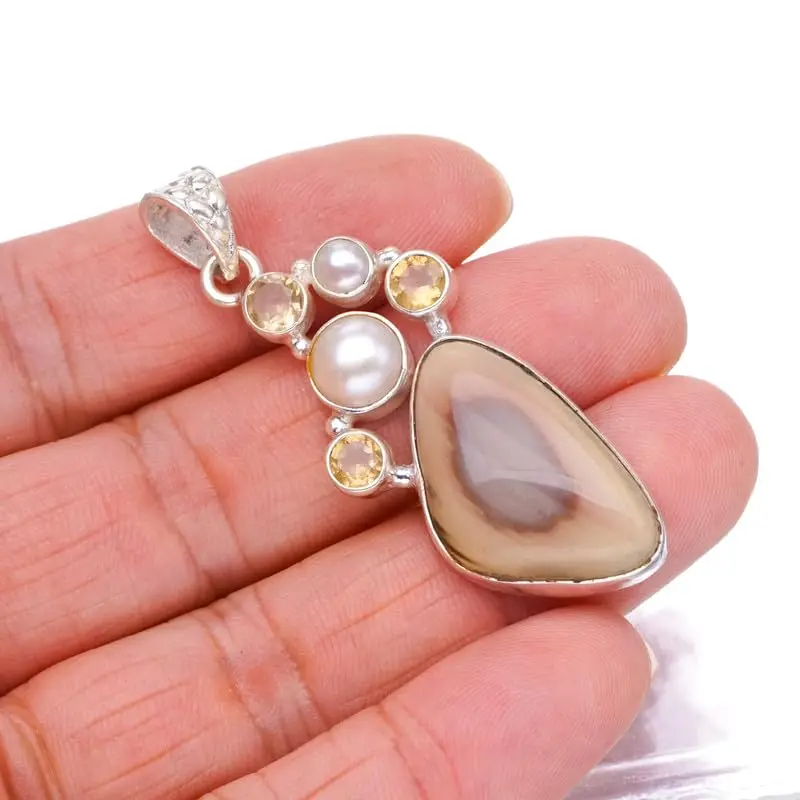 StarGems Natural Imperial Jasper&Citrine And River Pearl Handmade 925 Sterling Silver Pendant 2 1/4