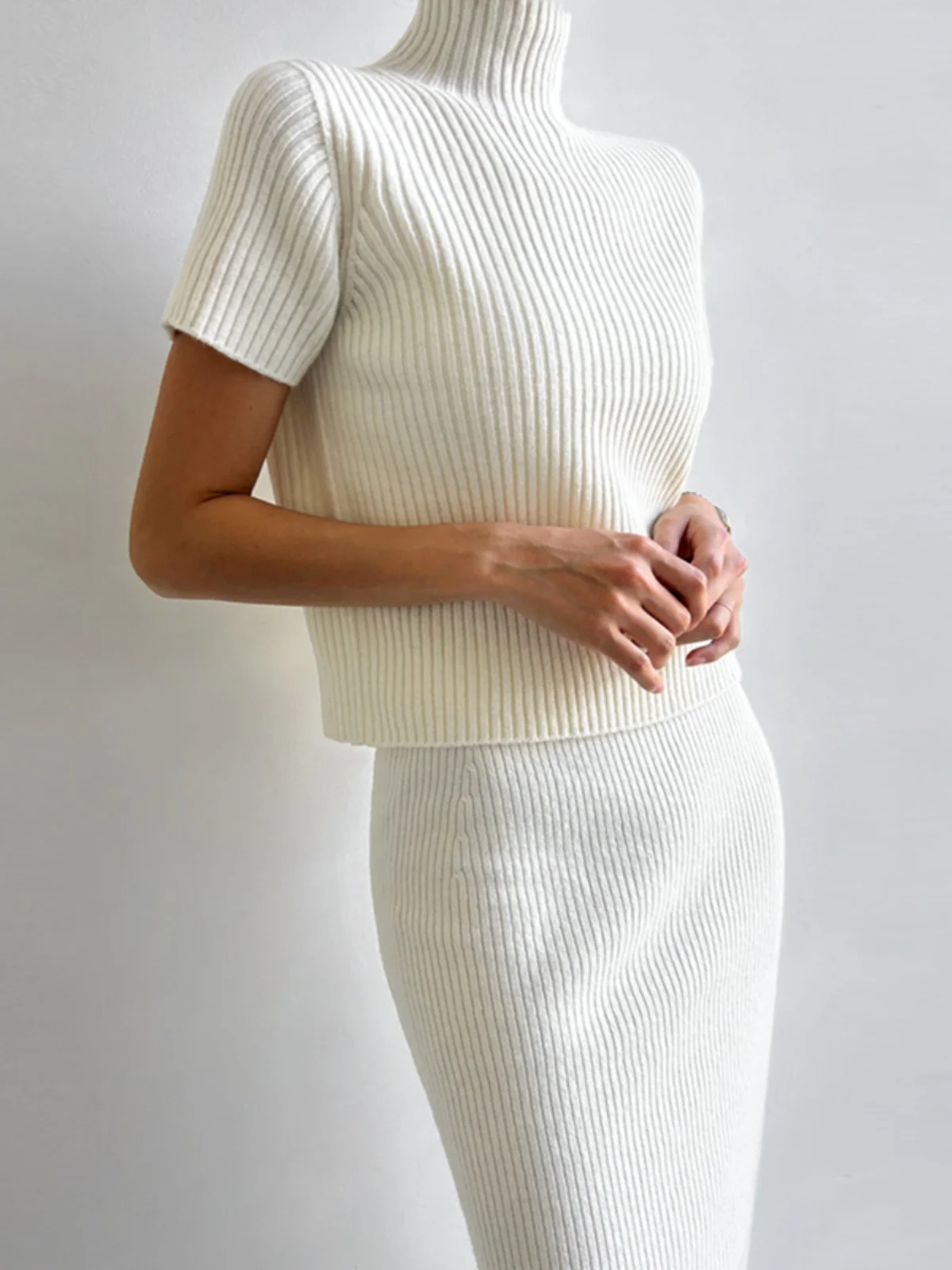Conjunto de Moda Fena com Top de Malha de Gola Alta e Manga Curta e Saia  Bodycon com Fenda de Cintura Alta, Estilo E...