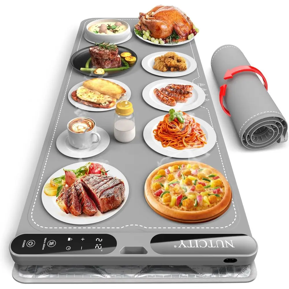 

Extra Large Electric Silicone Food Warmer Trays, 7 Temperature Settings, 8H Timer, Portable Roll-Up Design for Parties