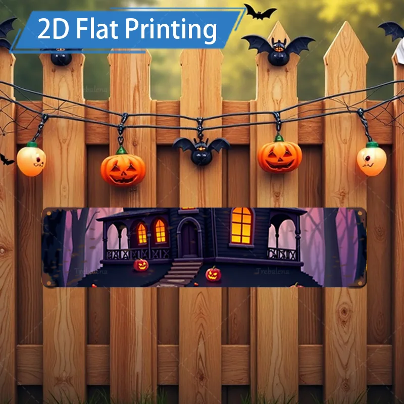 1pc 4x16inch Metal Sign Halloween Haunted House Metal Wall Art, 2D Flat Print Decor for Outdoor Garden