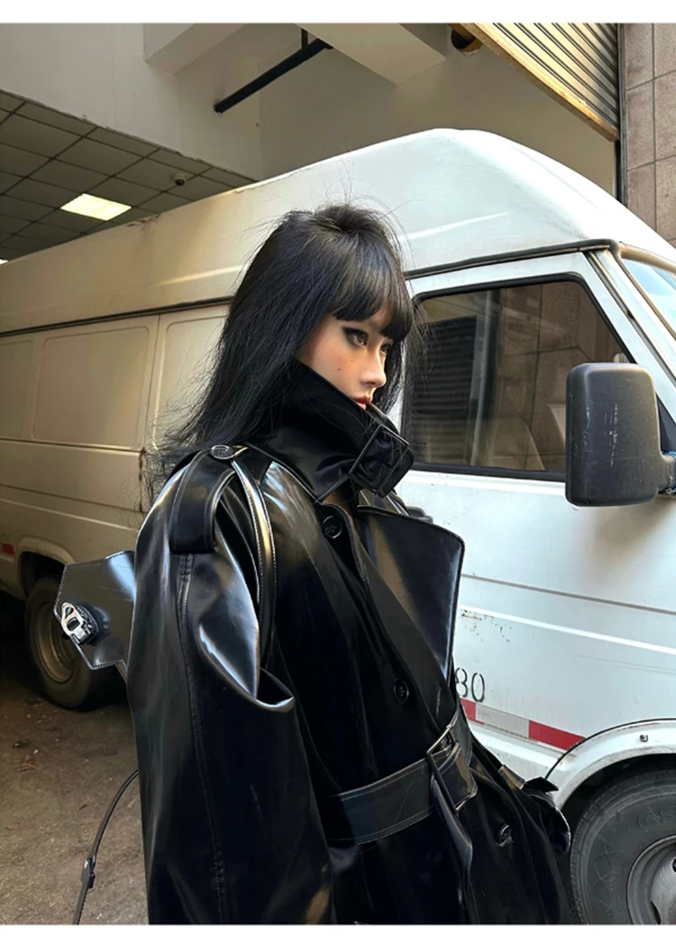 Lautaro Spring Autumn Extra Long Oversized Cool Reflective Shiny Black Patent Leather Trench Coat for Women Belt Runway Fashion