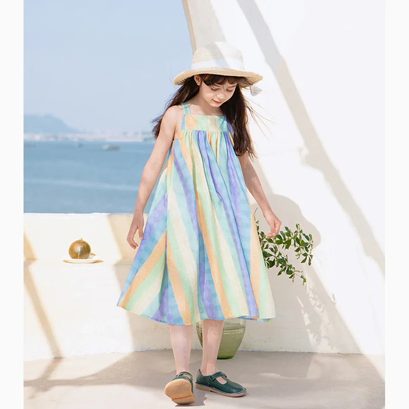 Girl's Suspender Dress Spring/summer New Small and Medium-sized Clothing Children's Striped Vacation Vest Dress Kids Dresses