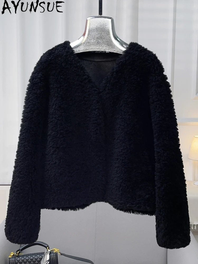 AYUNUSE 2025 가을 겨울 100% 천연 양모 여성 자켓 v 넥 우아한 모피 자켓 여성 의류 고품질 Abrigo Mujer