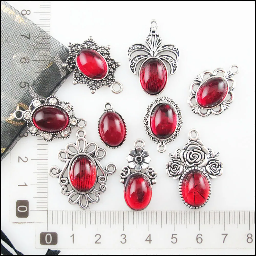Fashion New Clover Flower Rose Oval Charms 10x14mm Red Glaze Tibetan Silver Plated Pendants Retro