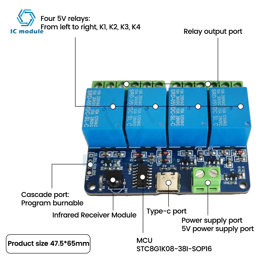 DC5V 4-channe IR remote control wireless relay module infrared remote control supports self-locking jog interlocking mode Type-C