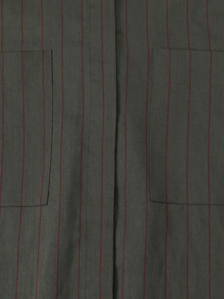 Spring Autumn Stand Collar Long Sleeve Single Breasted Striped Shirts Women Pockets Decoration Blouses Female Casual Wear 2025