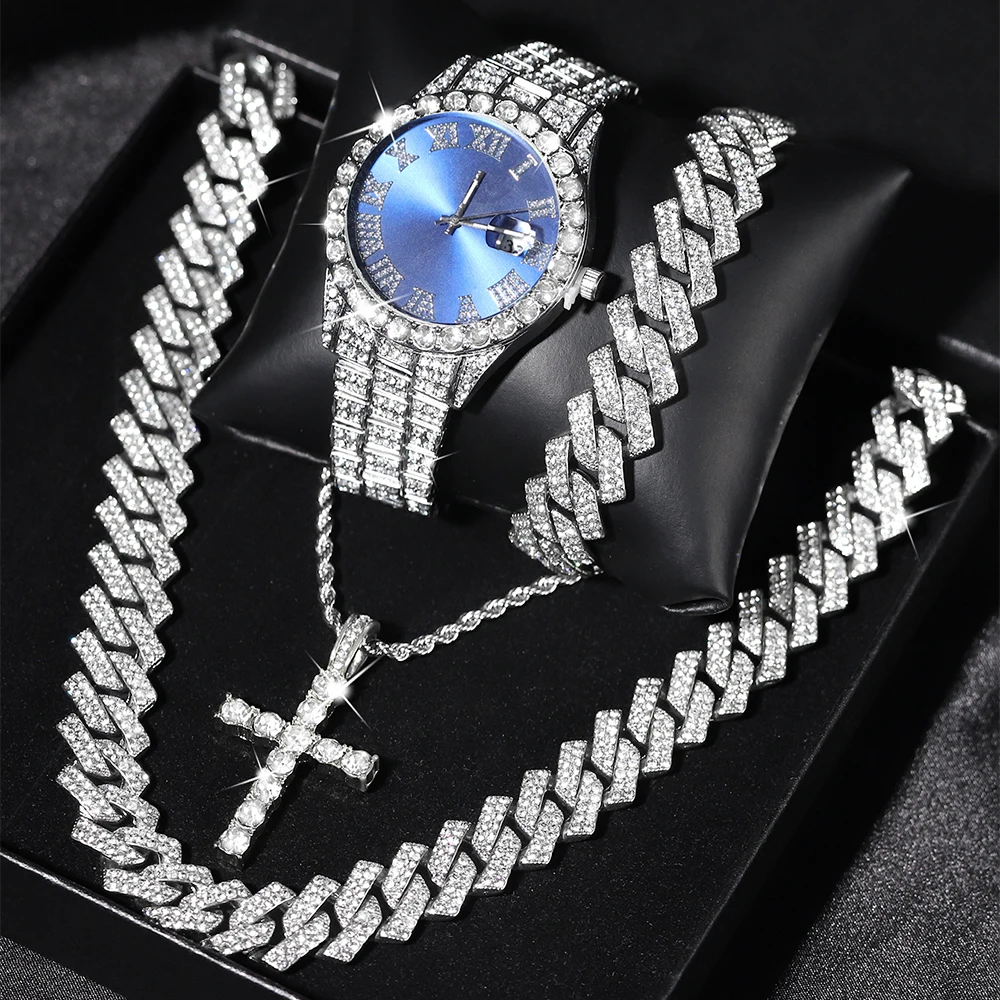 Gift Box Cross Pendant Necklace with Full Diamond Quartz Wrist Watch, Hip-Hop Punk with Cuban Chains, Fashion Party Jewelry Men