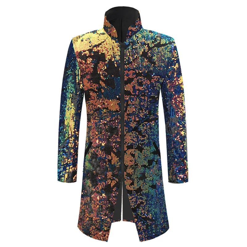 

Men Velvet Sequin Long Blazer Stand Collar Zipper Slim Suit Jacket Star Singer Concert Stage Performance Party Long Coat