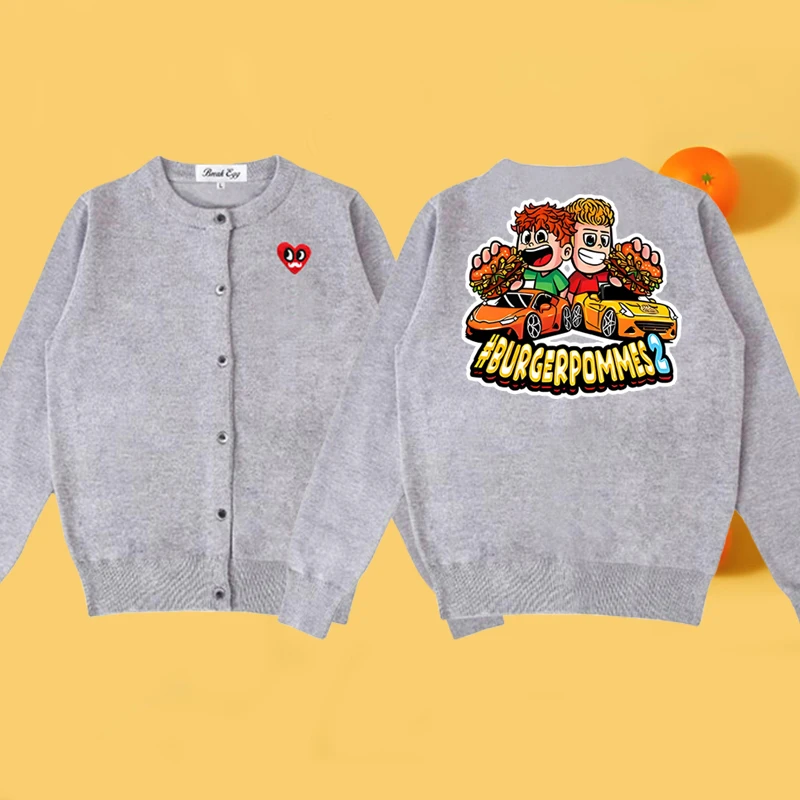 

Burgerpommes2 Icrimax Print Graphic Women Cardigan Red Eyes Beard Heart Embroidery Cotton O-Neck Single Breasted Sweater