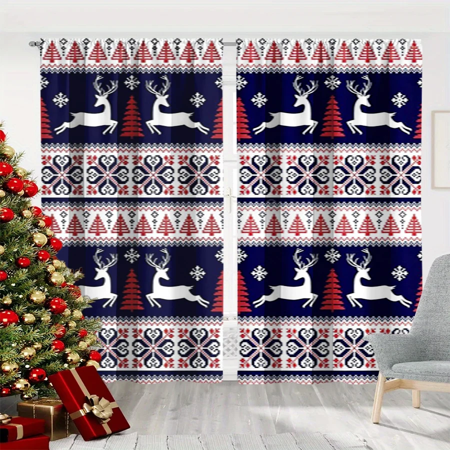 2PCS Christmas Winter Curtains, Knit Fair Isle Reindeer Tree Snowflake Navy, Digital Print, Bedroom Living Room, Home Decor