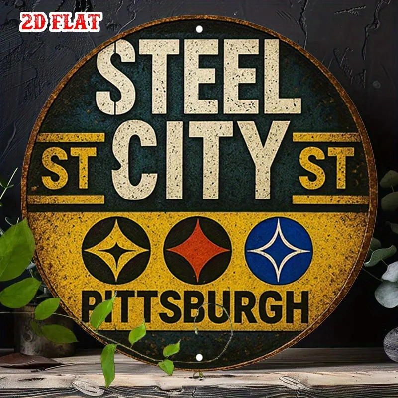 2D Flat 1pc Steel City 7.87X7.87 Round Aluminum Sign, Pittsburgh Spirit Round Aluminum Sign, Sports Pride Metal Tin Sign