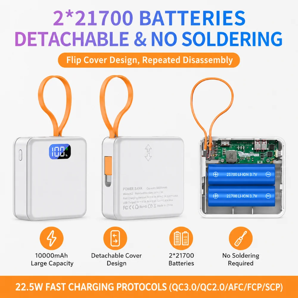FUNNYSHIELD 21700 Power Bank Cases USB Type C Charge DIY Shell 22.5W Fast Charging Detachable Battery Cases for All Smartphone