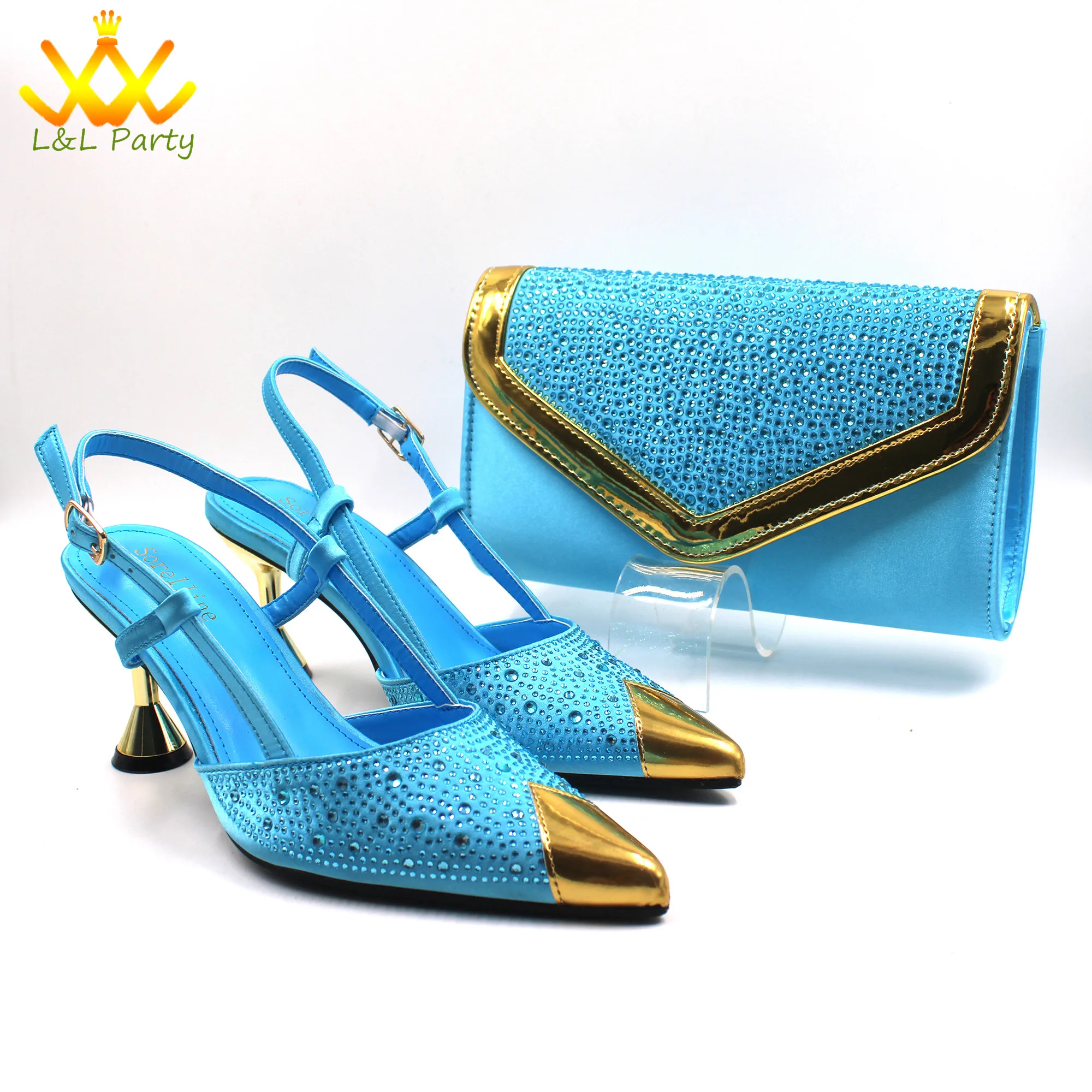 

Sky Blue Color High Quality New Arrivals 2024 Italian Desing African Women Shoes and Bag Set Sweet Style Super Heels for Wedding