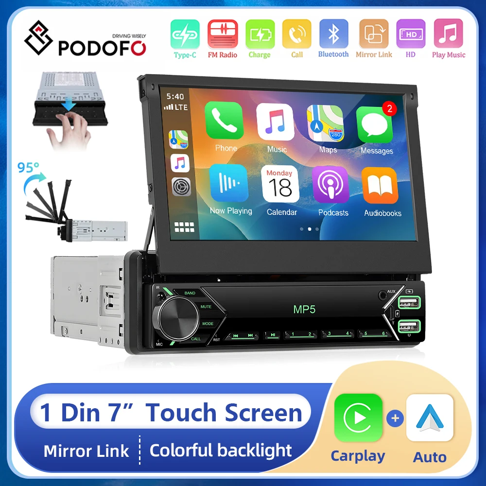 

Podofo 1din 7” Manual Telescopic Screen Car MP5 Player Bluetooth FM Radio Receiver Carplay Android auto Car Multimedia Player