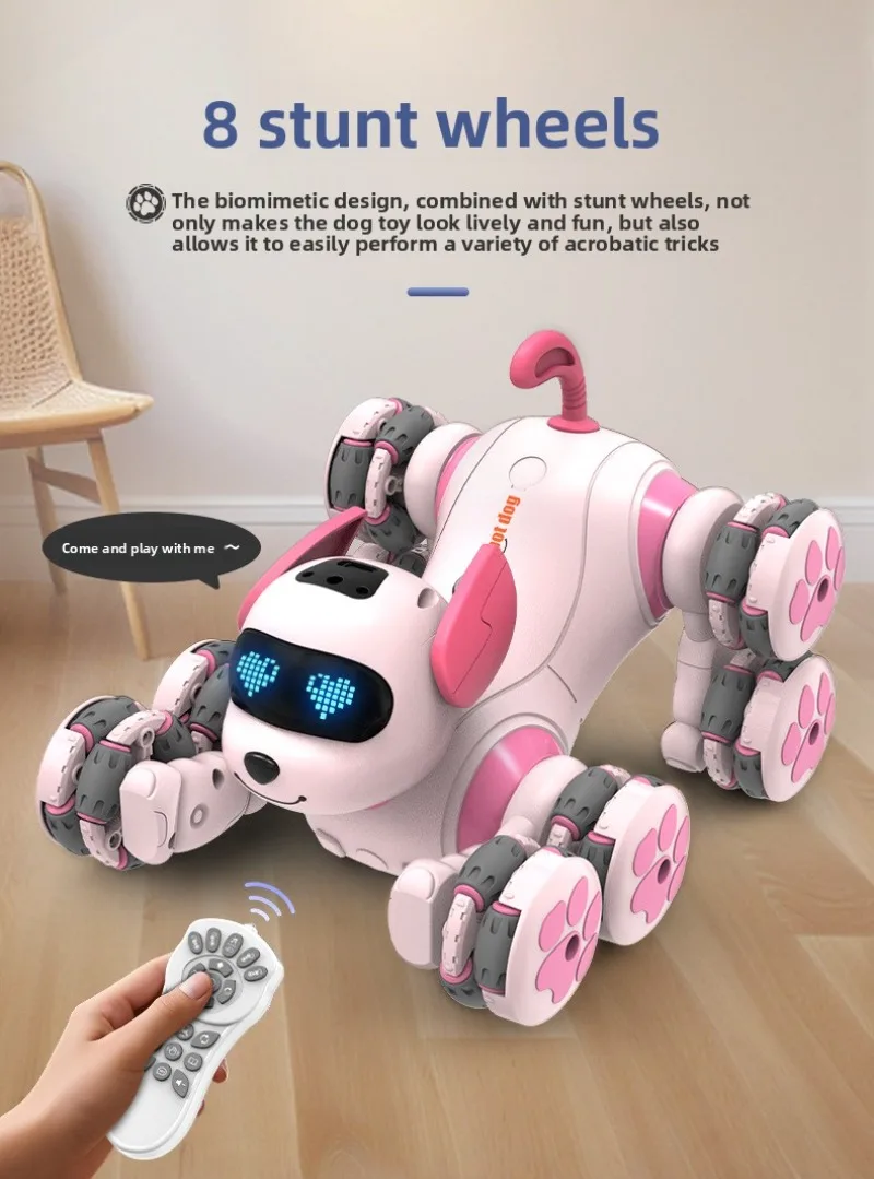 Nuevo Perro Robot con Control remoto inteligente, perro acrobático de 8 ruedas, forma de mascota bonita rosa, perro Robot de juguete para mascotas para niños