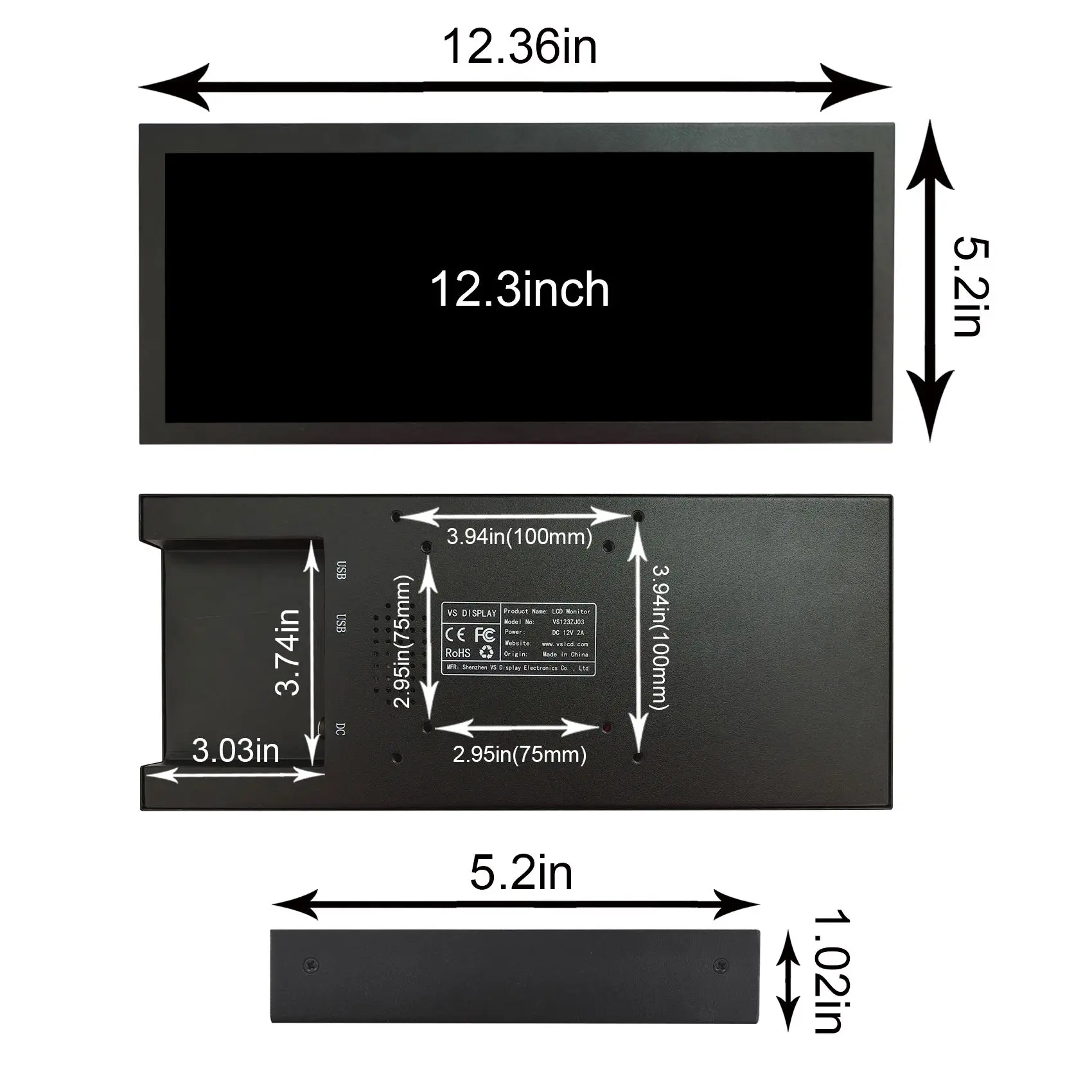 12,3 inch 1920x720 850nits IPS reclame LCD-monitor Ondersteuning USB Auto Play, 270 °   Rotatie