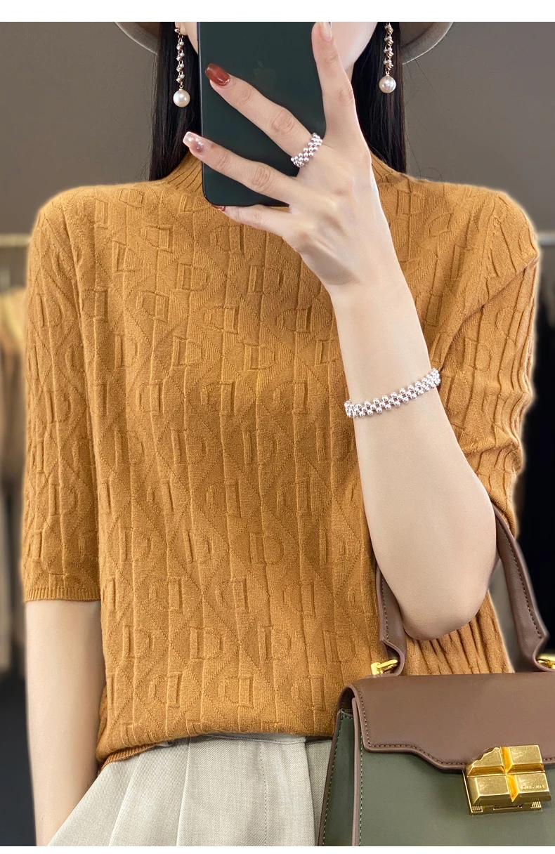 Women New Soft Diamond Letter Design Sweater Half-high Collar Three Quarter Sleeve Pullover Spring Summer Casual Knit Slim Top