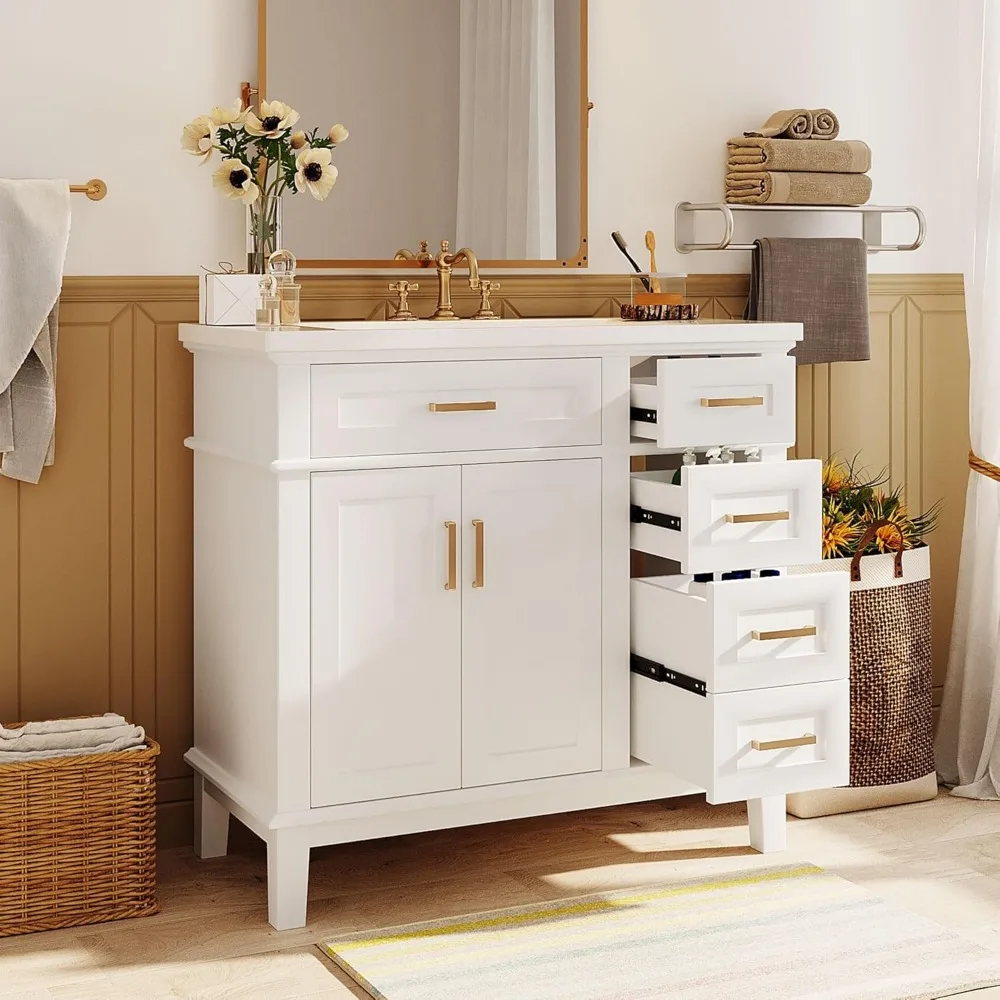 

36" Bathroom Vanity with Sink, Modern Wood Bathroom Cabinet, White Bathroom Vanity Set with Tip-Out Drawer, 4 Drawers & Double