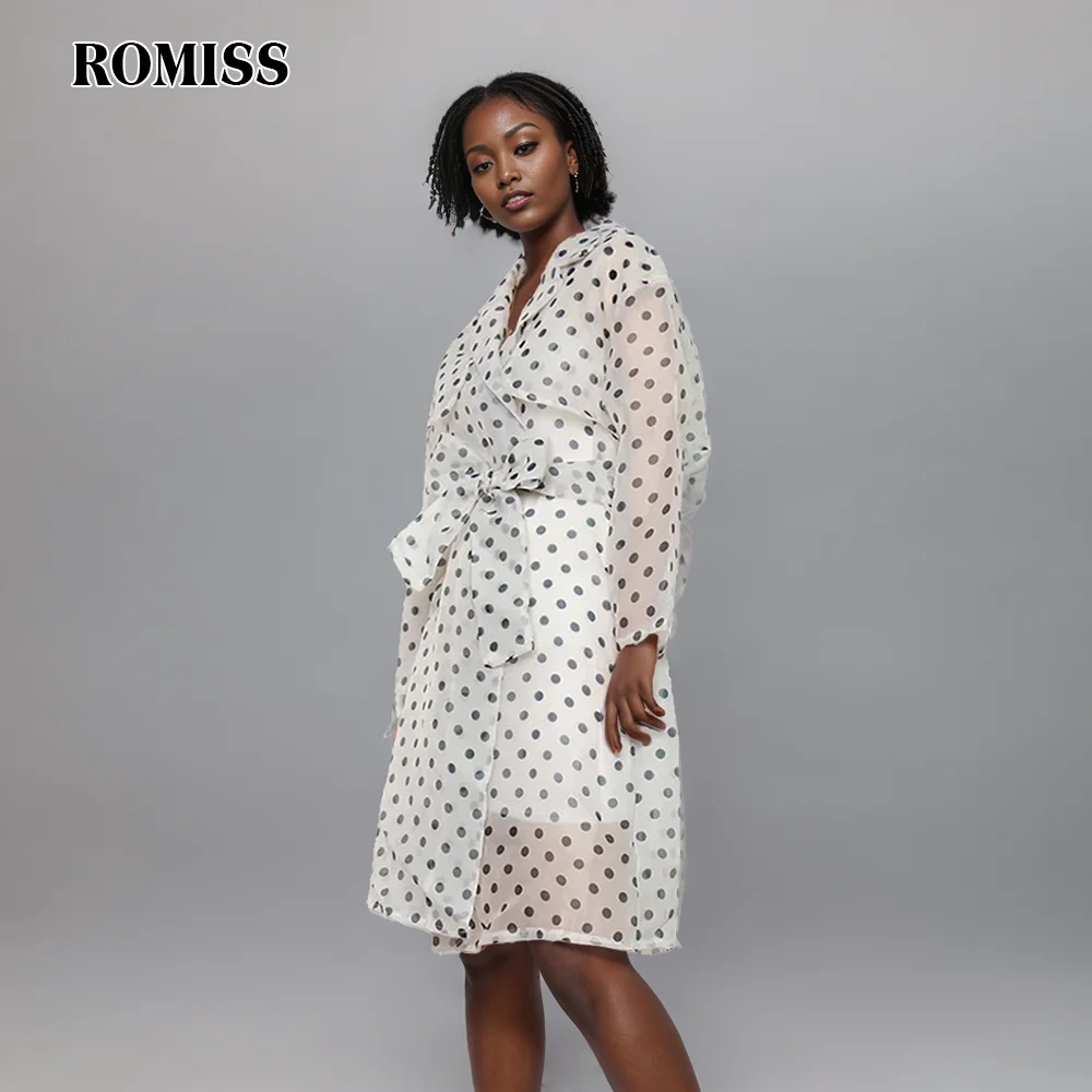 

ROMISS Korean Fashion Print Polka Dots Coat For Women Lapel Long Sleeve Loose Coats Female Spring Clothing Style New 2024