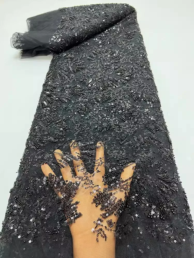 Black Mesh Fabric, Fireworks Shaped Beads Nail Beads Sequin Embroidery Fabric,  Wedding Stage Clothing Fabric