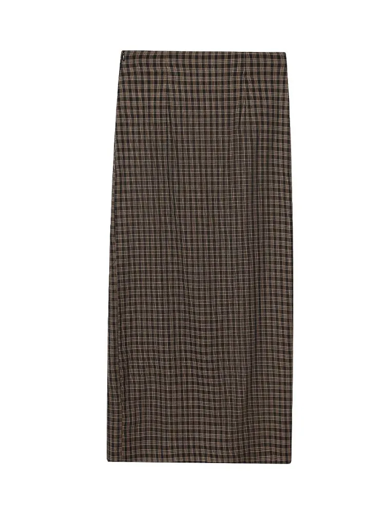 HH Women Fashion Vintage Versatile Zipper Pleated Plaid Skirt Female Mid Waist High Street Casual Slit Hem Midi Long Skirt Mujer