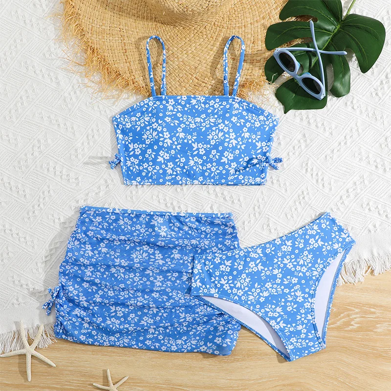 Girls Floral Print Swimsuit Sets 2026 New Kids Summer Swimwear Three-Piece Outfits Children Bikini+Shorts+Skirts Beach Clothes