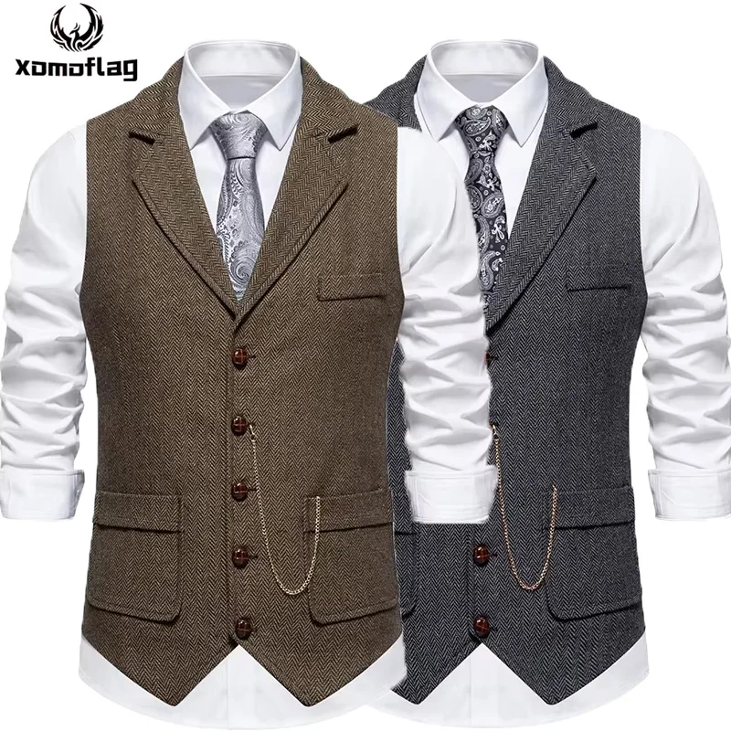 

Men's Classic Vest Herringbone Tweed Wool Suit Coats For Autumn Winter Single Breasted Casual High Quality Warm Waistcoat