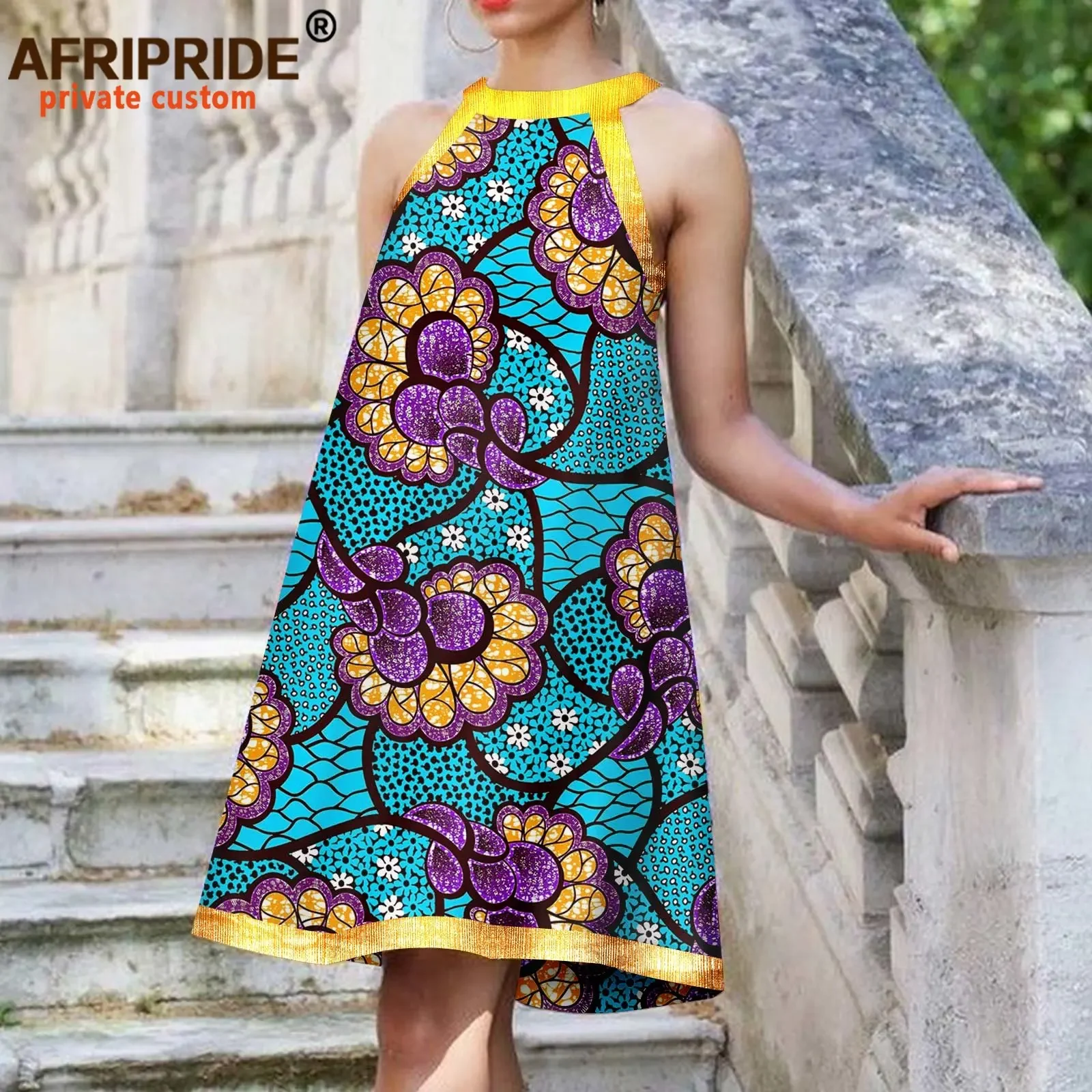 African Dresses for Women Sleeveless O-neck Ankara Print Dress Traditional Elegant Fasion Loose Dress Wax Attire A2225037