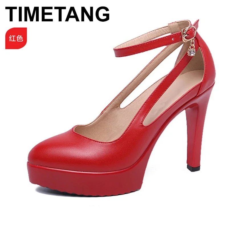 TIMETANGSummer Dance Shoes Women's Pointed Toe Platform Pumps High Heels Shoes Buckle Strap Split Leather For Ladies WeddingShoe