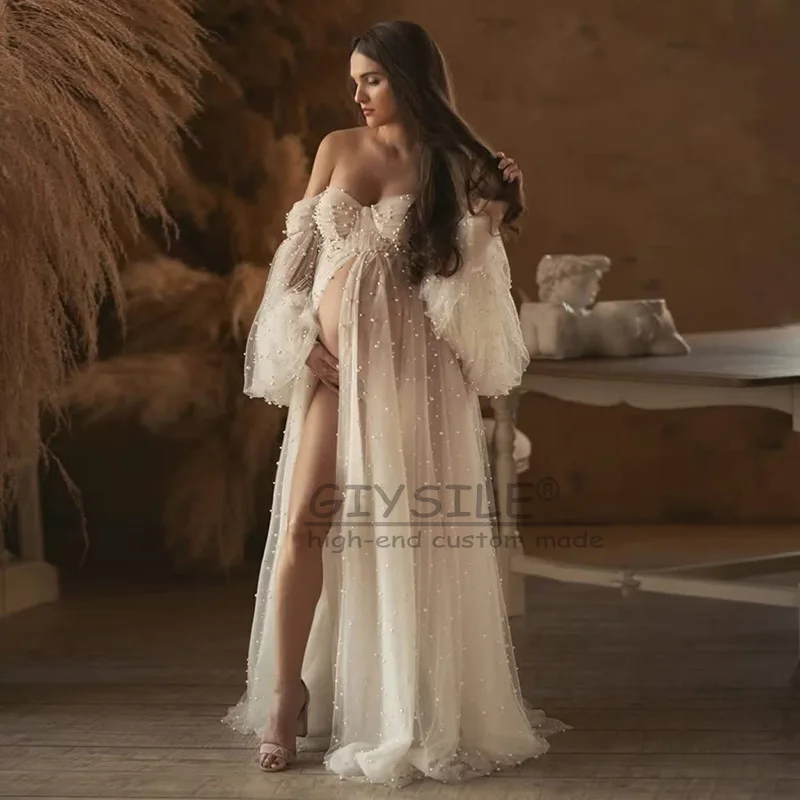 GIYSILE-Vestidos de novia de maternidad personalizados para mujeres embarazadas, Vestidos bohemios elegantes de manga larga, Vestidos de boda de playa nupciales