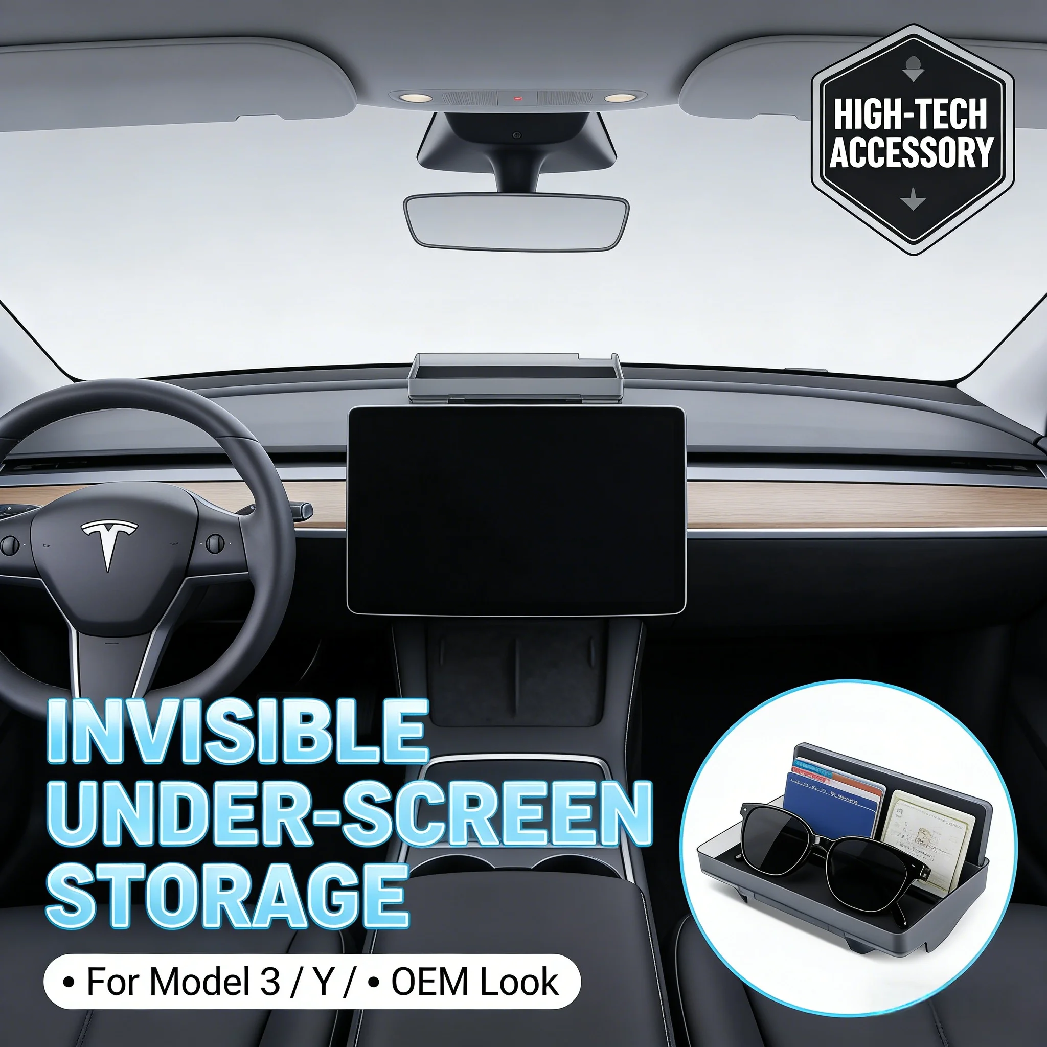 

Magnetic or Buckle Hidden Storage Box for Tesla Model 3 Y Highland 2024 2026 Under Screen Organizer Tray ABS Silicone Accessory