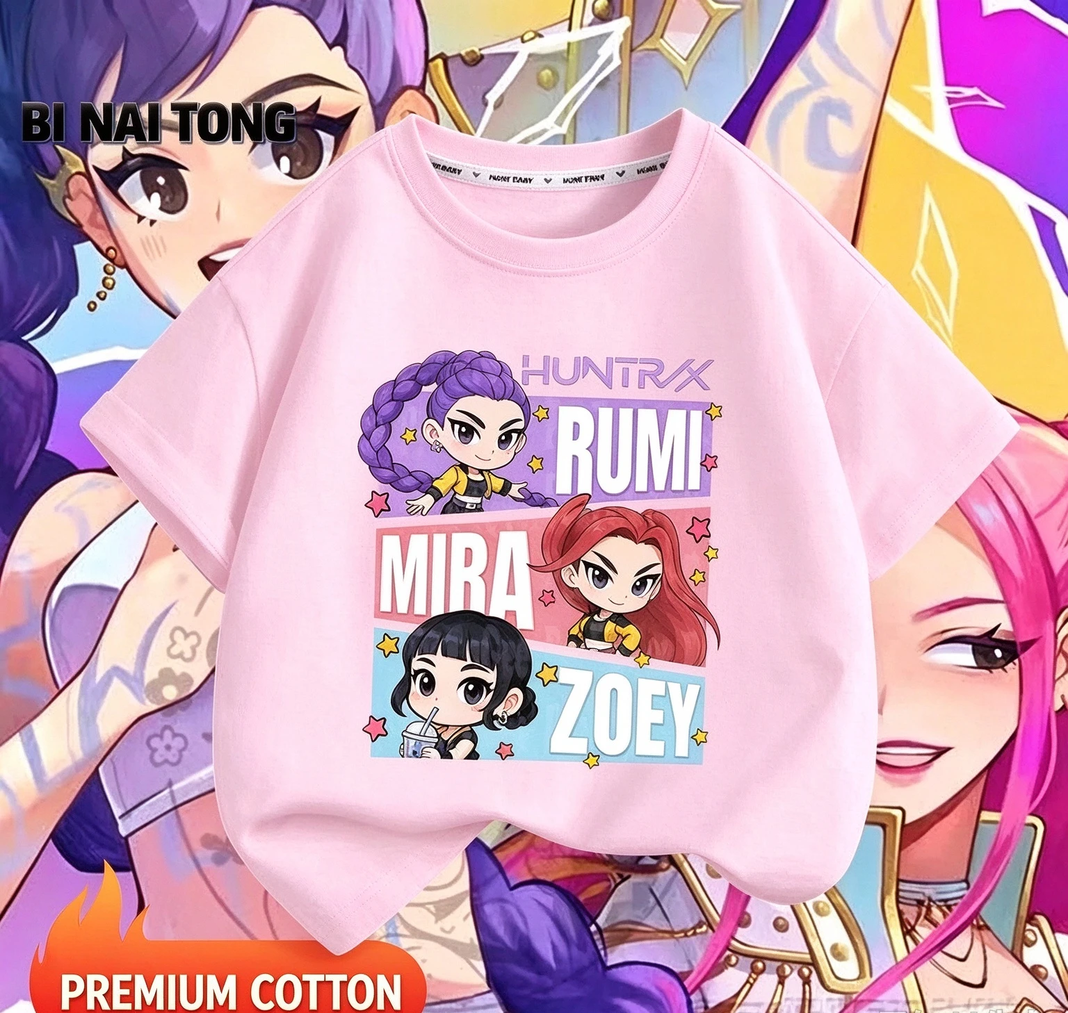 Girls HUNTRX Cartoon T Shirt Kpop Demon Hunters Rumi Mira Zoey Print Kids Cotton Short Sleeve Tee