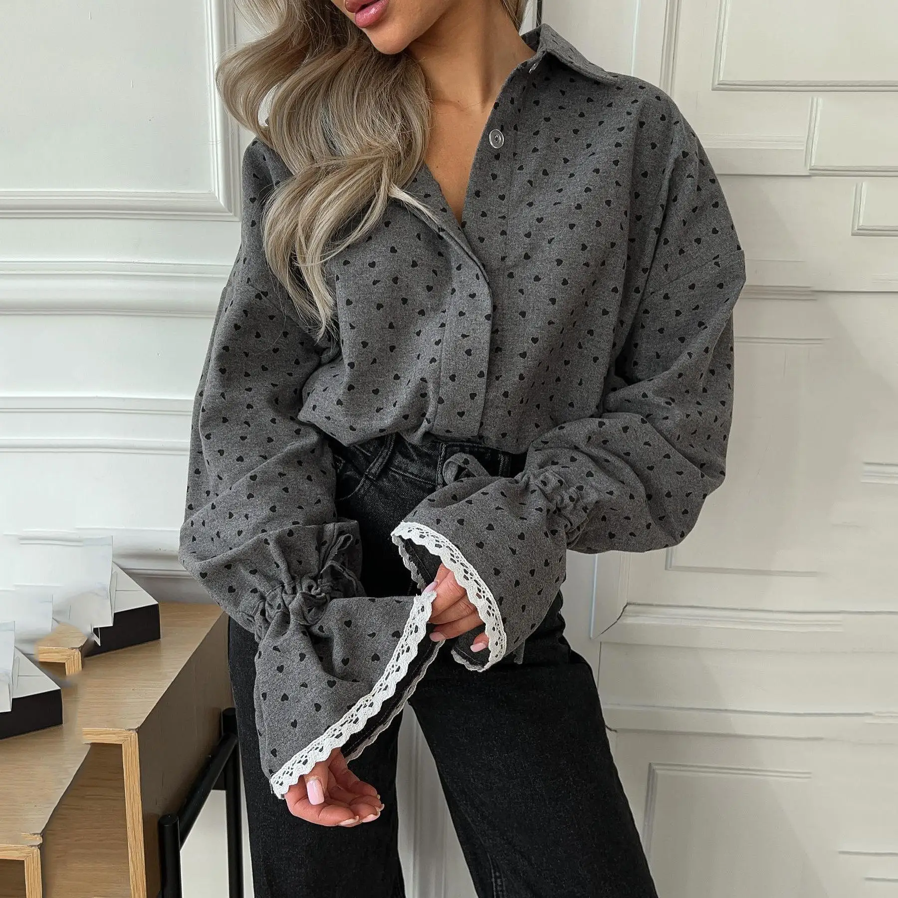 Loose Print Lace Flared Sleeve Shirt Women's Fasion Gray Sweet Lapel Blouse Spring New Casual Commute Female High Street Wear