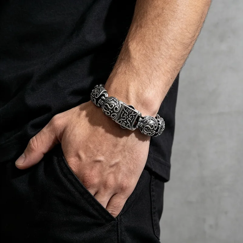 Vintage Skull Stainless Steel Bracelet For Men Mysterious Pattern Gothic Motorcycle Bracelet Fashion Jewelry Halloween Gifts