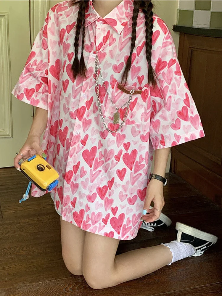 Deeptown Tuen Down Collar Short Sleeve Blouse Women Shirts Elegant Heart Love Print Autumn Casual Y2k Top 2023 Fashion New In