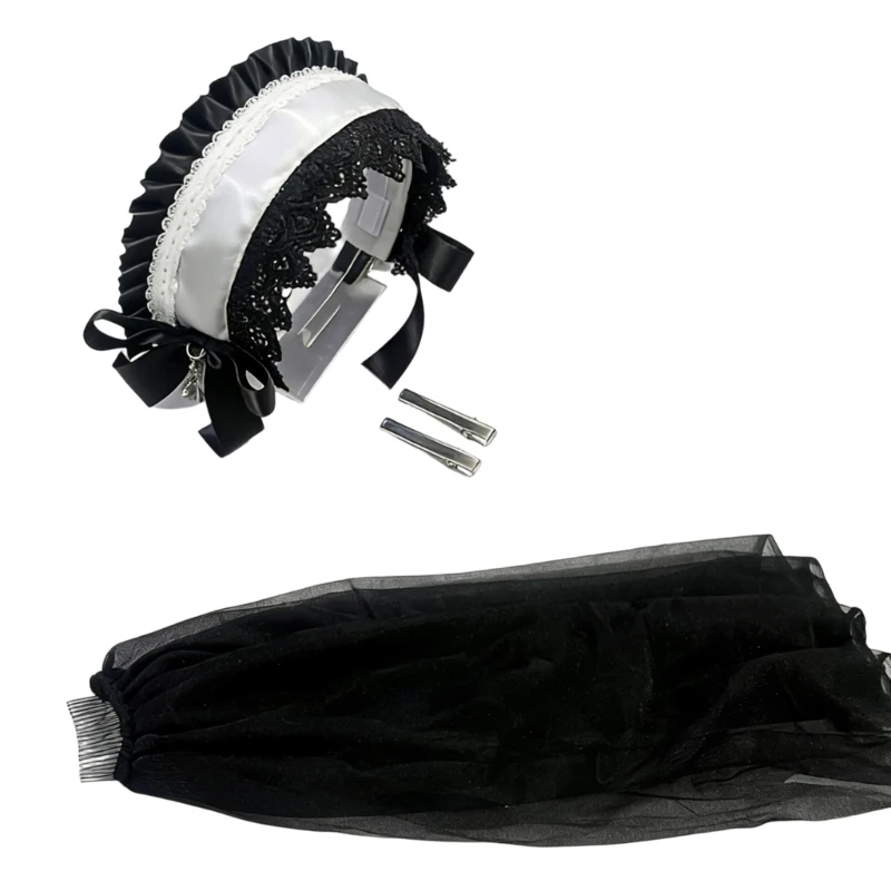 652B Gothic Headbands Cosplay Bows Ribbon Hairbands Dark Headwear Makeup Washing Face Hairbands Birthday Party
