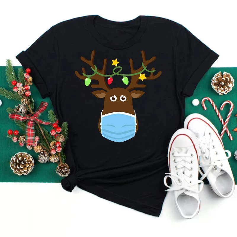 

Merry Christmas Women's Fashion Santa Claus with Deer Women Top Deer T-shirts Harajuku Short Sleeve Casual
