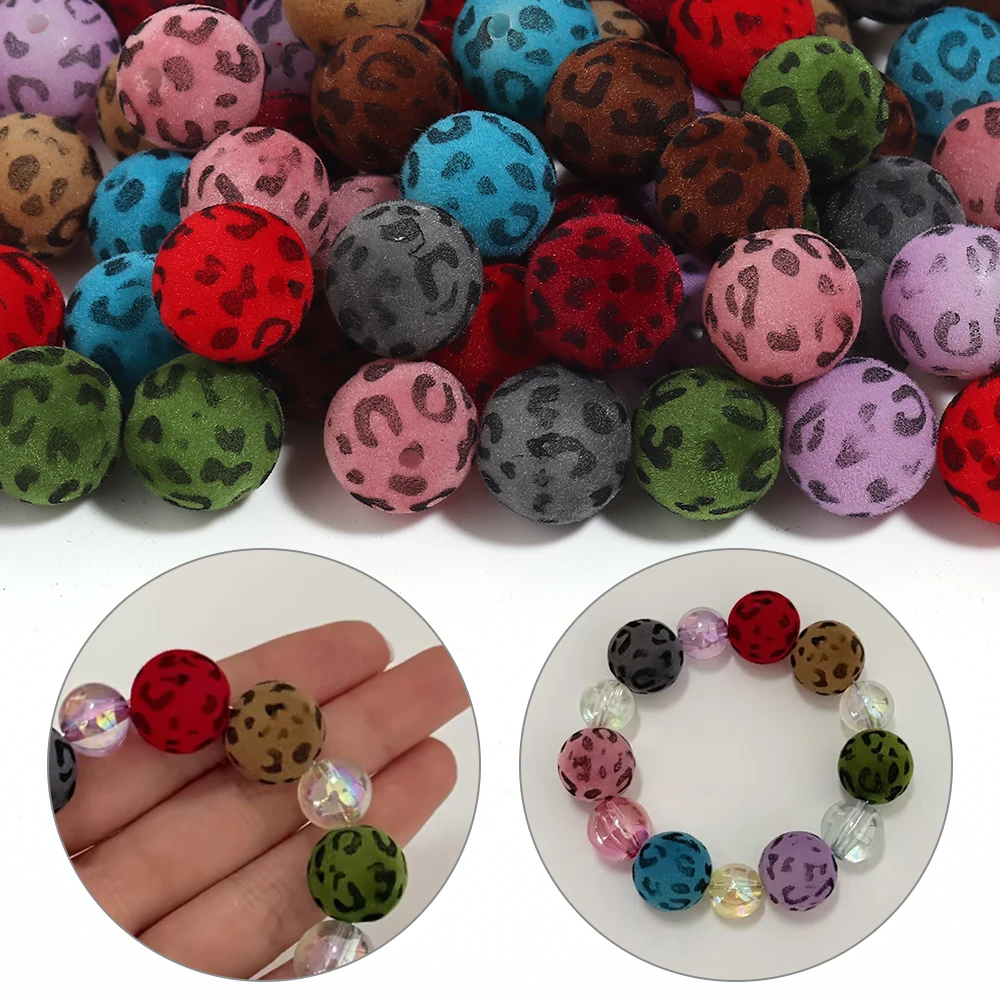 10pcs 16mm Round Velvet Acrylic Beads Leopard Flocking Beads For Jewelry Making DIY Mobile Phone Chain Keychain Crafts