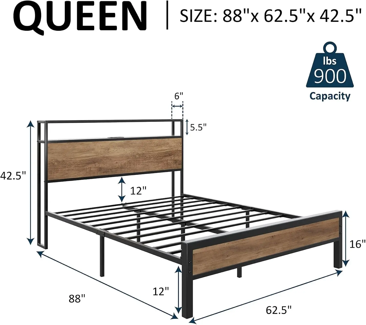 Queen Size Bed Frame Industrial Platform Bed with Charging Station, 2-Tier Storage Headboard/No Box Spring Needed/Noise-Free/Rus