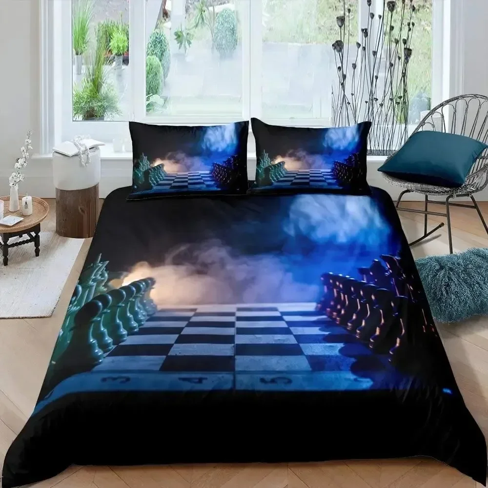 International Chess Duvet Cover Set Queen Size Chess Lovers Bedding Set For Kids Adults Microfiber Black Base Quilt Cover