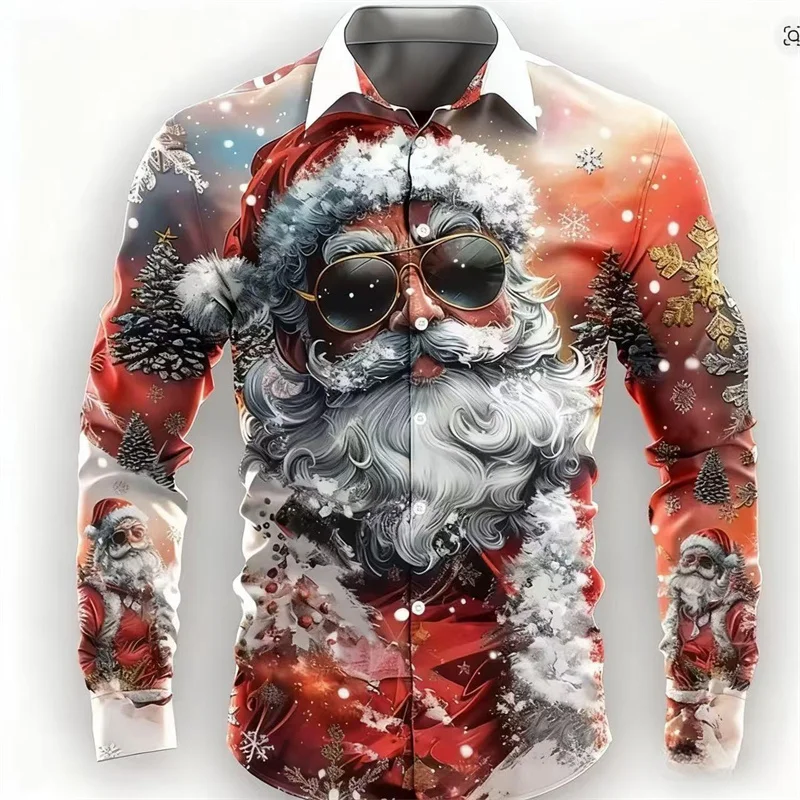 2025 Men's Happy New Year Santa Claus Casual Men's Button up Shirt Long Sleeve Evening Party Daily Autumn/Winter Spring/Summer C