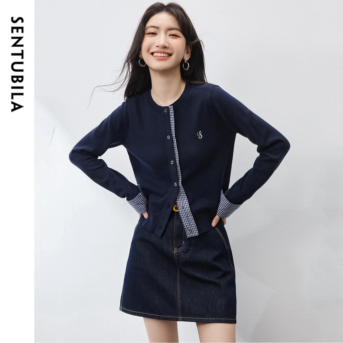 SENTUBILA Patchwork 2 in 1 Cardigan for Women 2025 Autumn Commuting Contrast Color Long Sleeve Knitwear Ladies Tops W53H80430