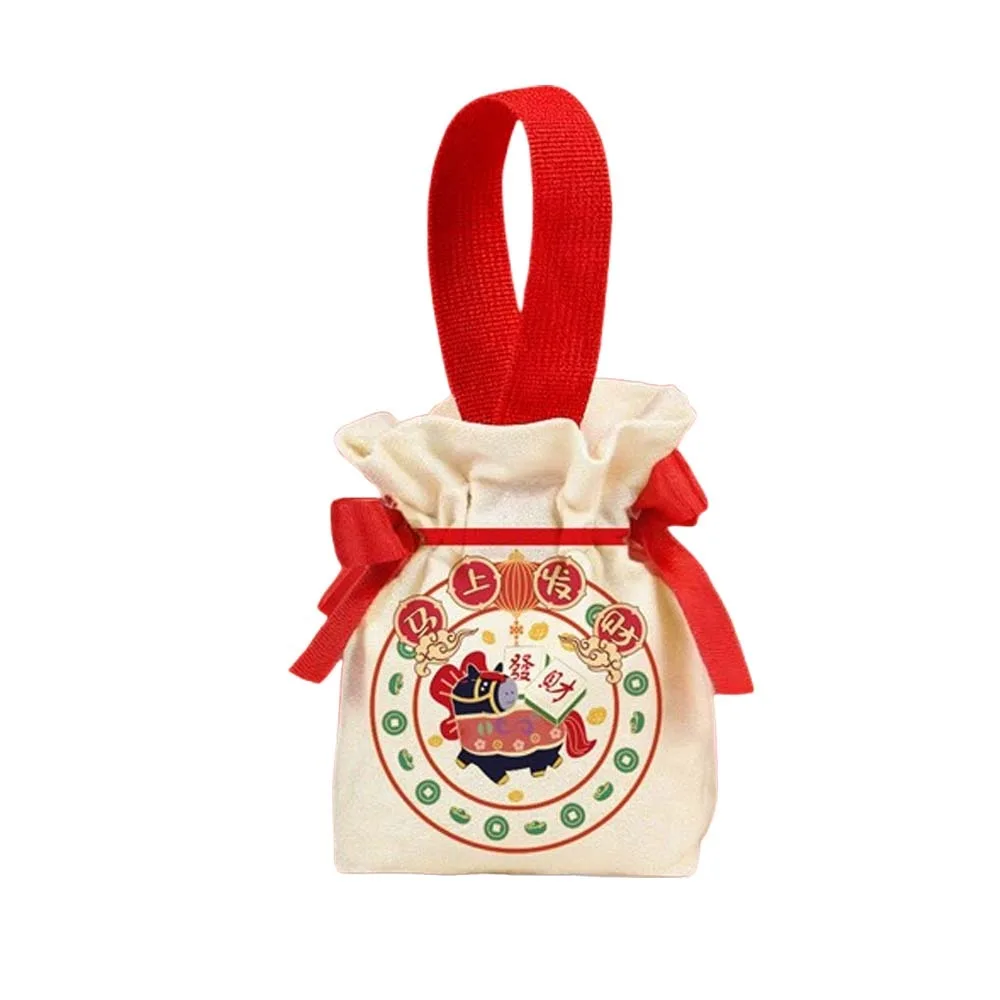 

Cartoon 2026 New Year Gift Bag Chinese Style Canvas Horse Year Handbag Bag Blessing Large Capacity Drawstring Bag Wedding Event