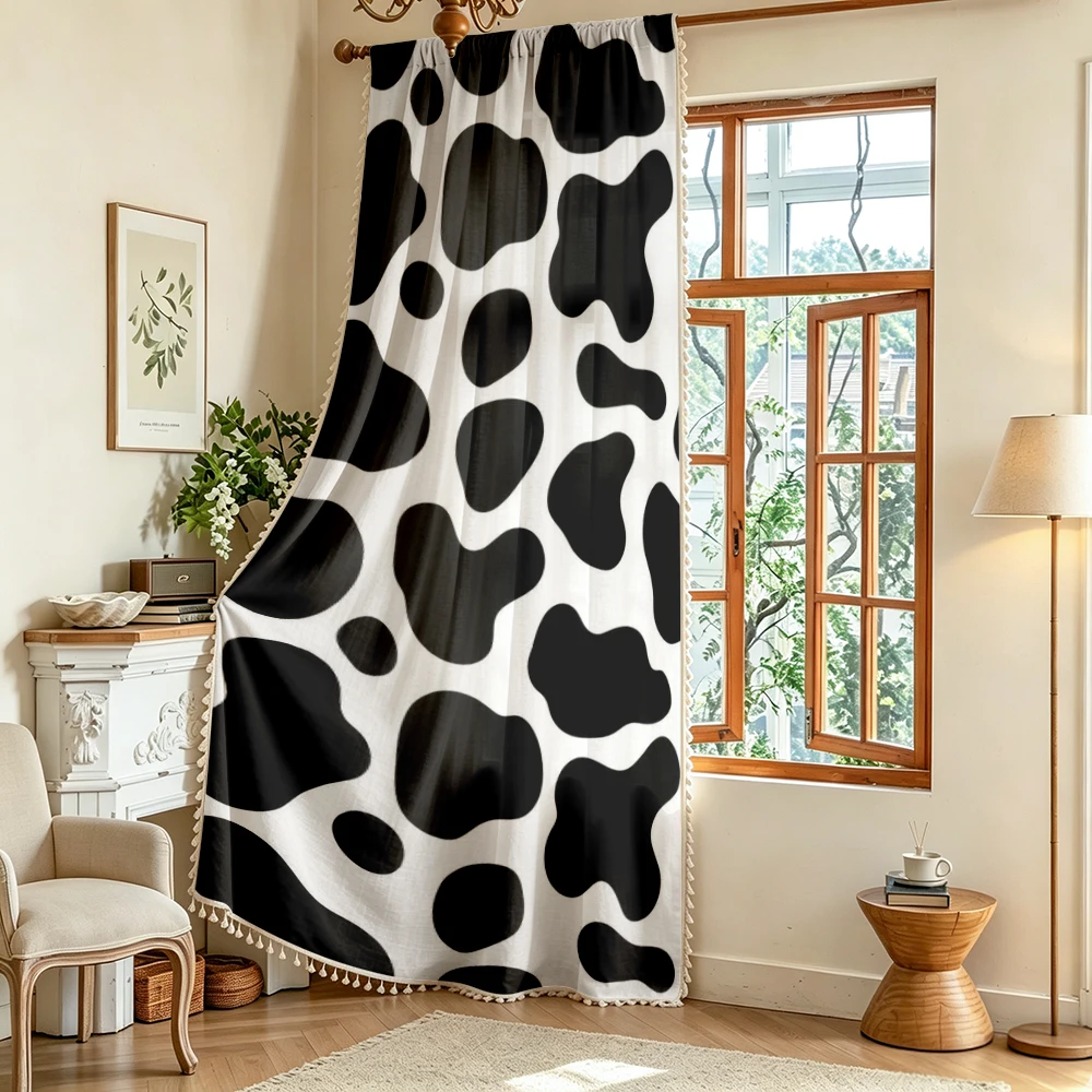 1PC Animal Tassel Sheer Curtains, Black White Cow Print, Digital Print, Linen Polyester, Bedroom Living Room, Home Decor