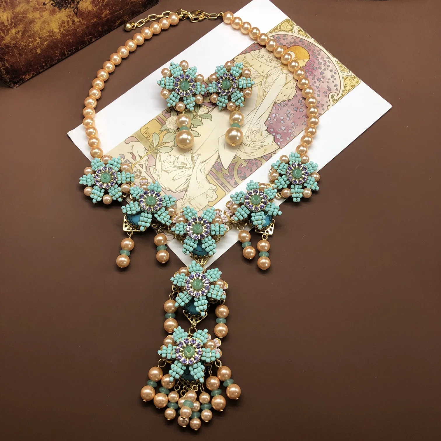 heavy industry temperament handmade necklace full diamond stud earrings elegant