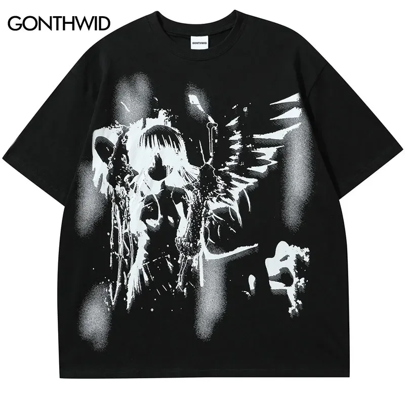 Hip Hop Punk Tshirt Streetwear Y2K Harajuku Japanese Anime Cartoon Angel Wing Girl Graphic Print T-Shirt Fashion Loose Tee Top