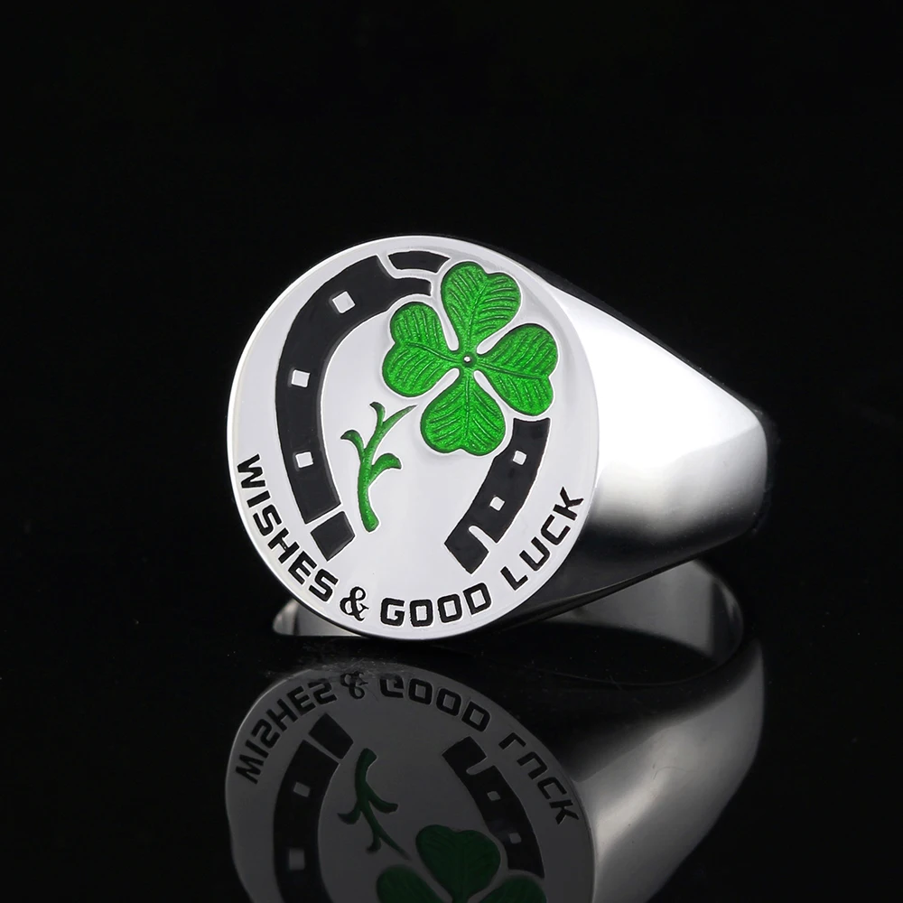 Good Luck Prayers for You and Me Four Leaf Clover Horseshoe Sterling Silver Rings - Image 2